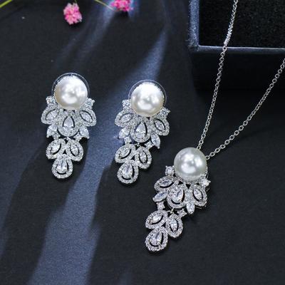 Braut Zirkon Perlen Set Kette Muschelperlen Halskette Ohrringe Set