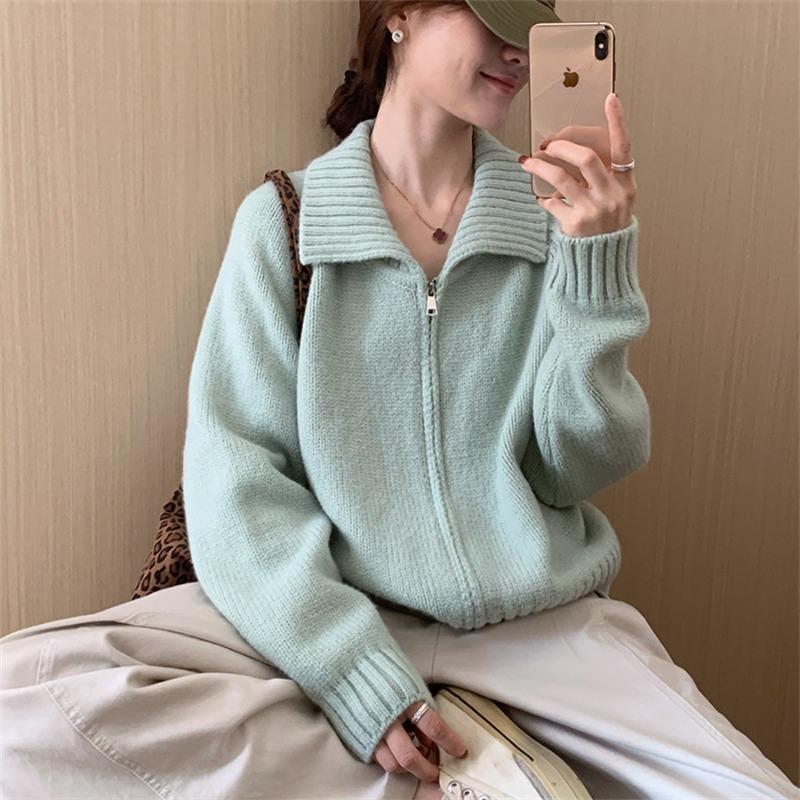 High-end Fashion Lapel Double Zipper Sweater Women's Autumn and Winter New Lazy Style Casual Knitted Cardigan Jacket