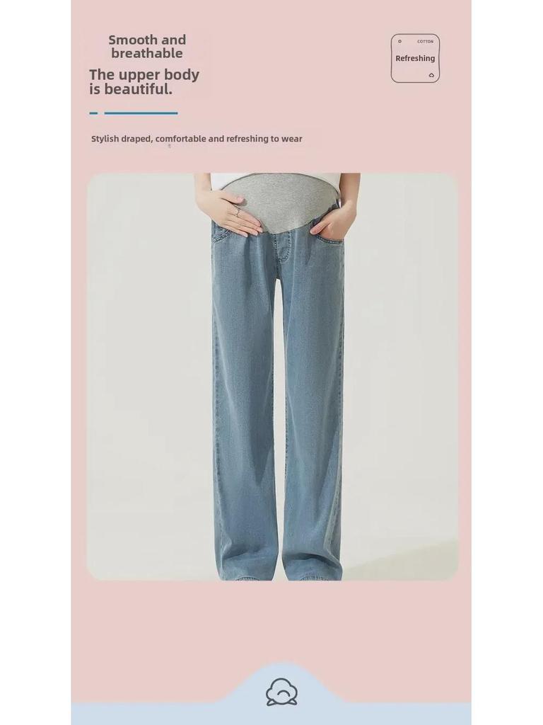 High Elastic Tencel Maternity Wide-Leg Jeans - Casual Summer Wear