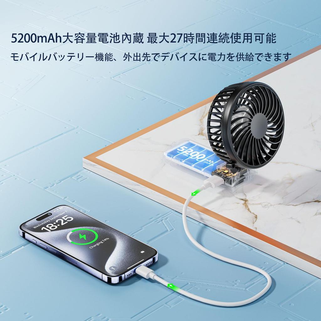 HandFan Portable USB Up To 27 Hours of 5 Speed Heatstroke Black Fan, 5200mAh, Portable, Quiet, Rechargeable, Powerful, Type-C, Operation, Settings,