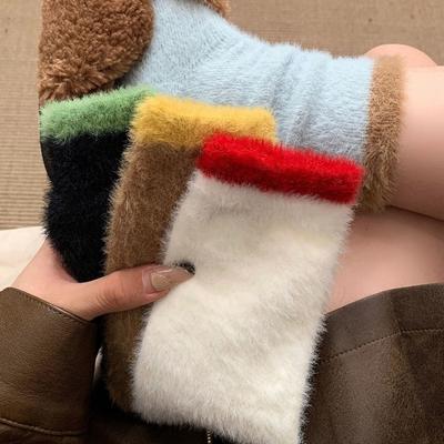 Women Winter Mink Plush Velvet Socks Soft Fluffy Warm Patchwork Middle Tube Sock Korean Girl Home Indoor Sleep Socks Hosiery