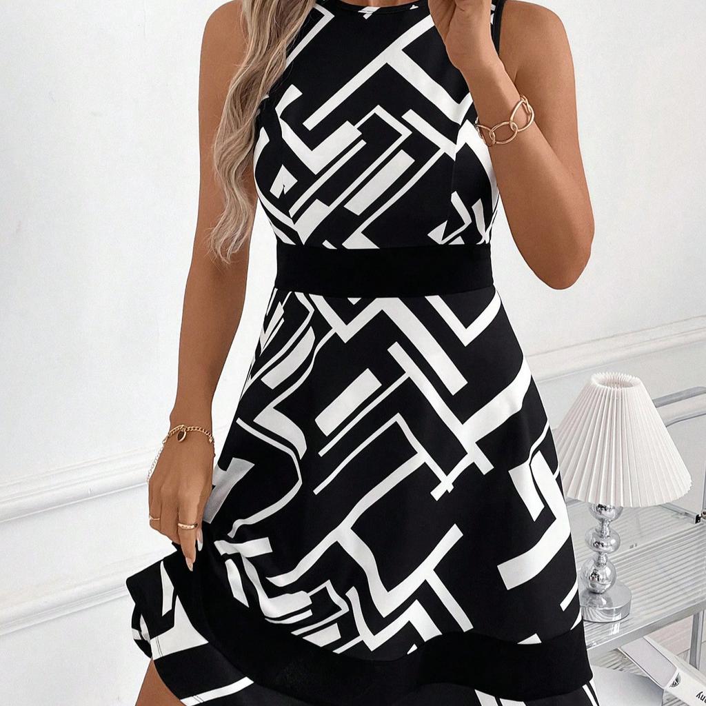 2025 new European and American fashion geometric printing sleeveless slim dress women's summer temperament commuter dress