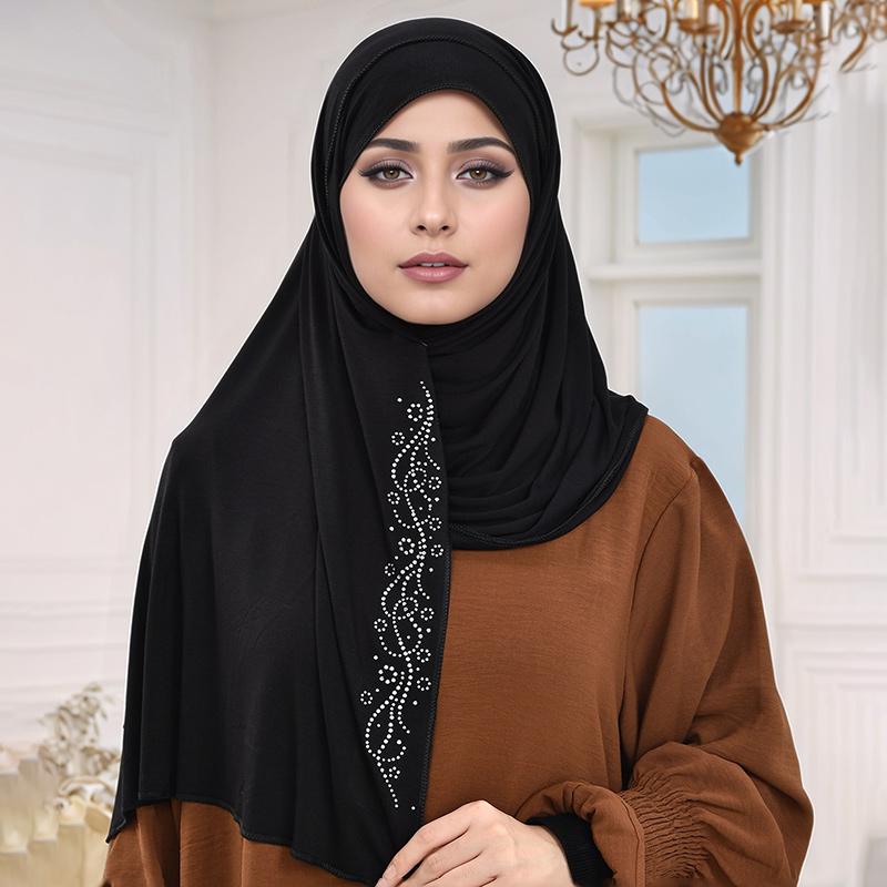 Premium Cotton Jersey Instant Hijab With Rhinestones Double Loop Muslim Headwrap Islamic Headscarf Scarf Islamic Headband Turban