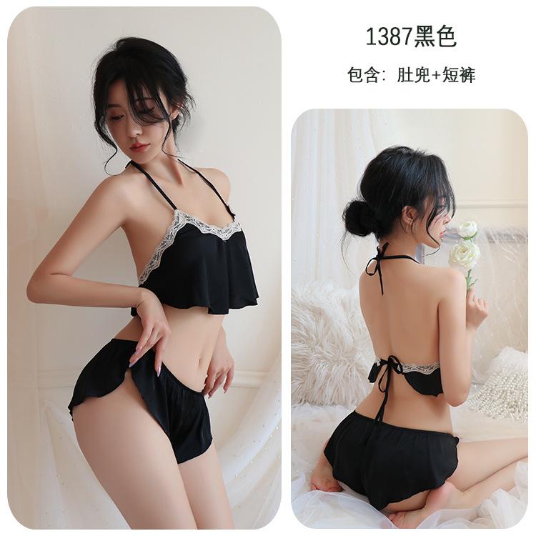 Sex Lingerie Sexy Deep V Belly Pocket Pajamas Women's Home Passion Lace Seduction Suit