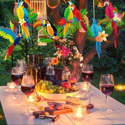 6 Stück Partydekorationen mit tropischen Vögeln, Hawaii-Partyzubehör, Papier-Papagei-Wabenausschnitte, Anhänger für Tiki-Bar, Luau, Regenwald-Party, Hof-Dekor