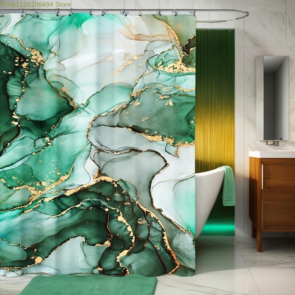 1pc Green Marble Pattern Shower Curtain, Gradient Bath Curtain, Pure Polyester Digital Print with 12 Plastic Hooks, 182.88*182