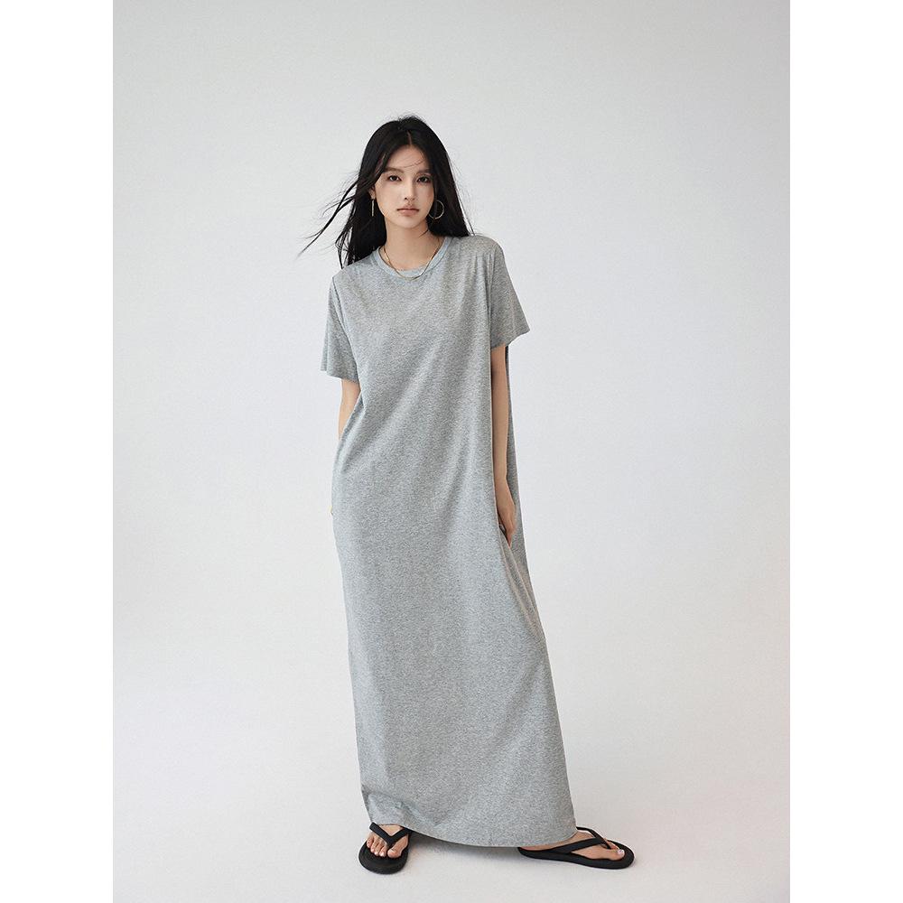 61035# FRESH UP Rochie Tricou Minimalistă Supradimensionată cu Mânecă Scurtă Subgenunchi Subțietoare