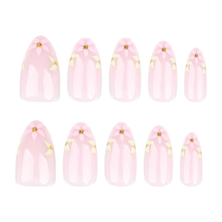 24pcs Press On Nail Short Almond False Nail With Flowers Designs Glossy Artificial Full Cover Stick On Nail for Women