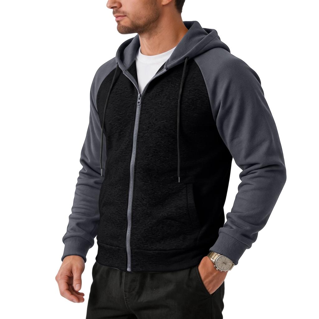 Men's Casual Color Block Zip-Up Hoodie