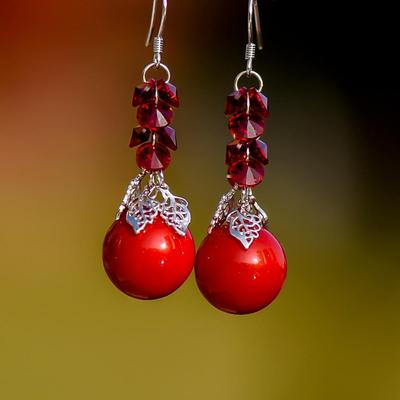 Red Shell Pearl Dangling Earring 925 Sterling Silver Leaves Drop Fashion Elegance For Women Fashion Jewelry Gift