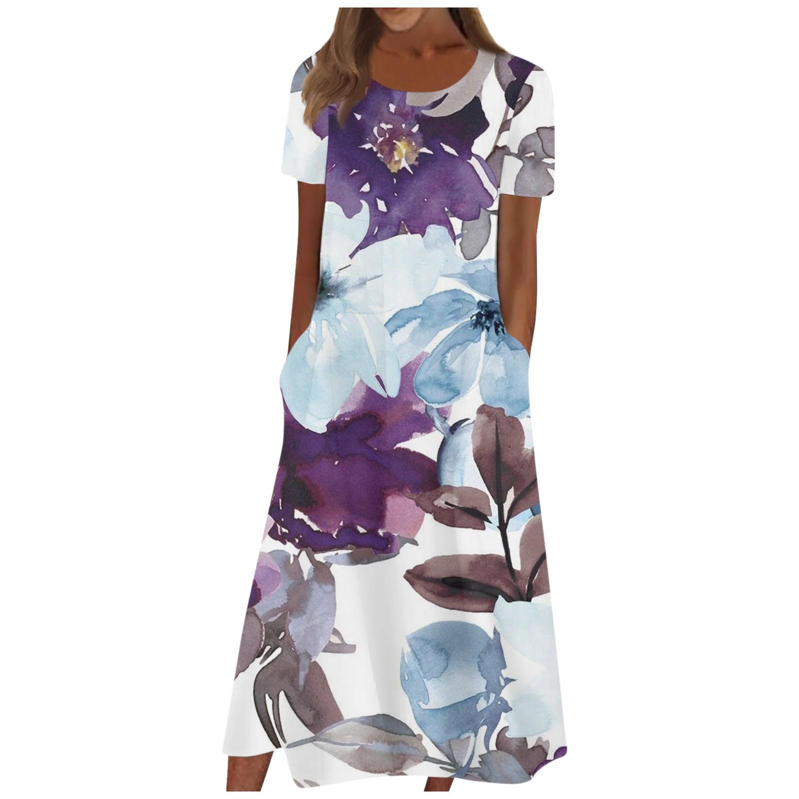Women s Summer Casual Fashion Floral Print Short Sleeve Round Neck Pocket Dress XL
