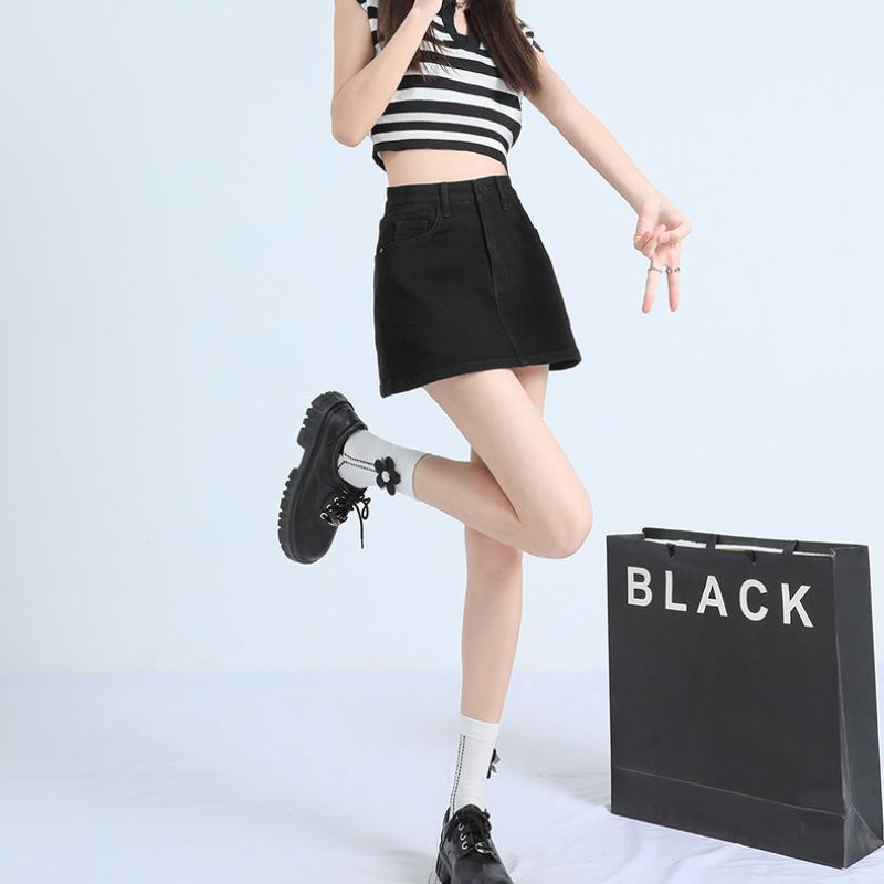 Fusta scurtă de denim retro Fusta scurtă de slăbire cu talie înaltă de vară pentru femei, Fusta înfășurată în șold cu linie A anti-orbire