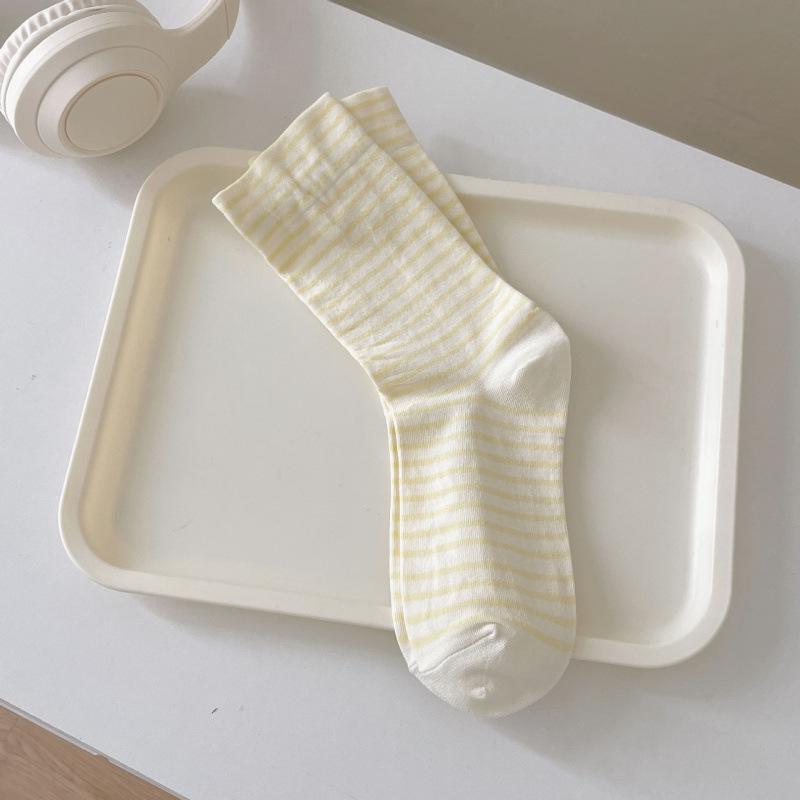 Women's Lightweight Japanese Style Cotton Striped Socks - Breathable, Loose Cuff, Mid-Calf, Maternity Friendly.