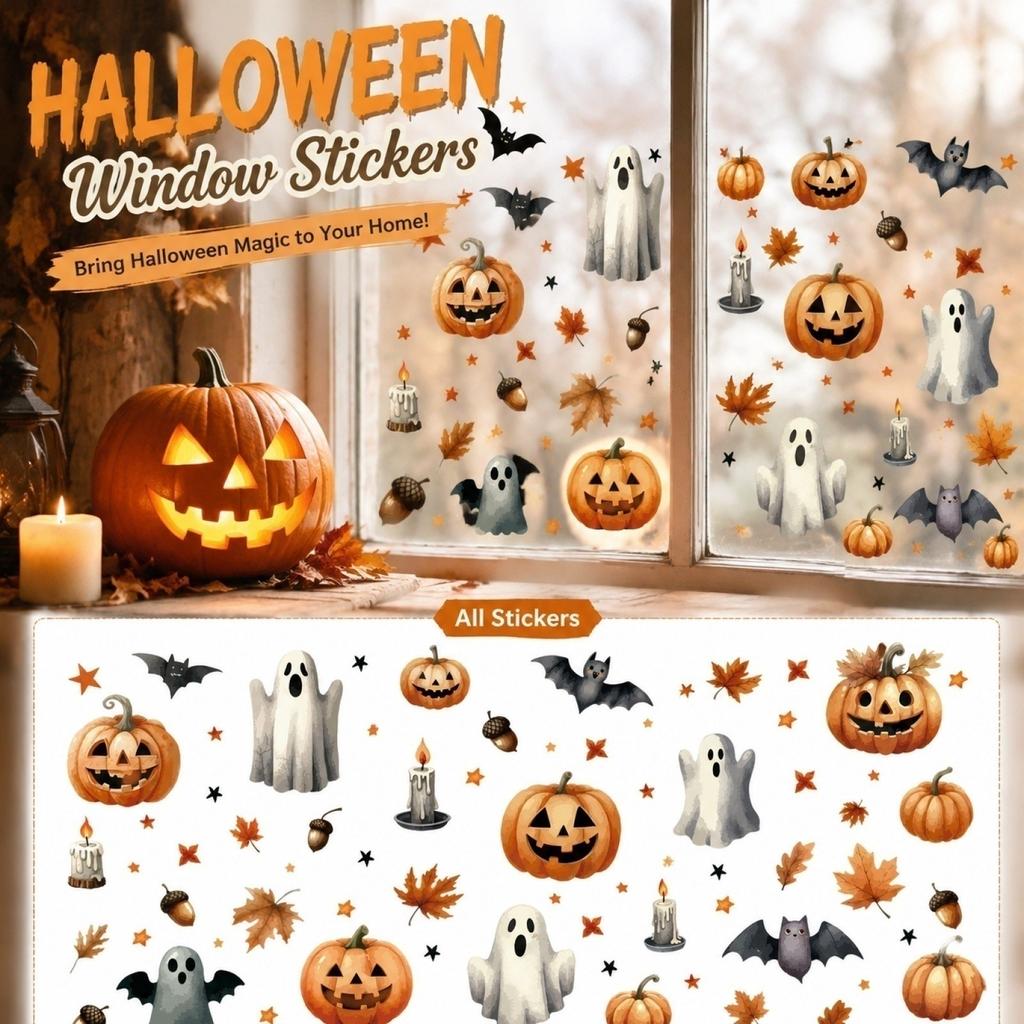 Halloween Static Cling Window Decals Pumpkin Ghost Maple Leaf Candle Glass Decorations Reusable Seasonal Window Stickers for Home Office