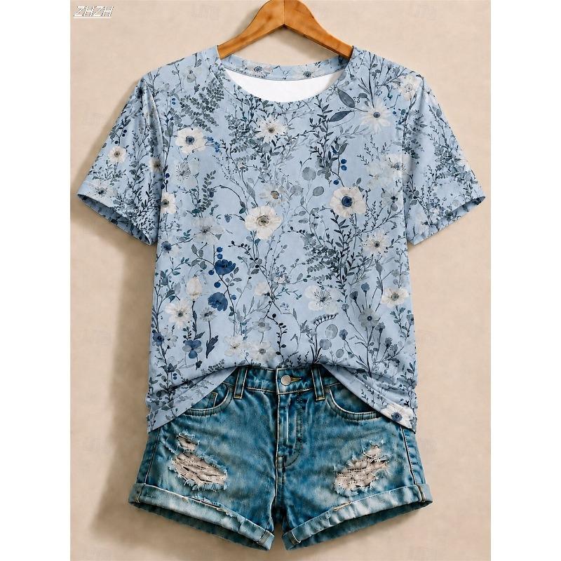 T-shirt da Donna Stampa Grafica Floreale Piante Vintage Elegante Classica Manica Corta Girocollo Collo Tondo Top Regolari