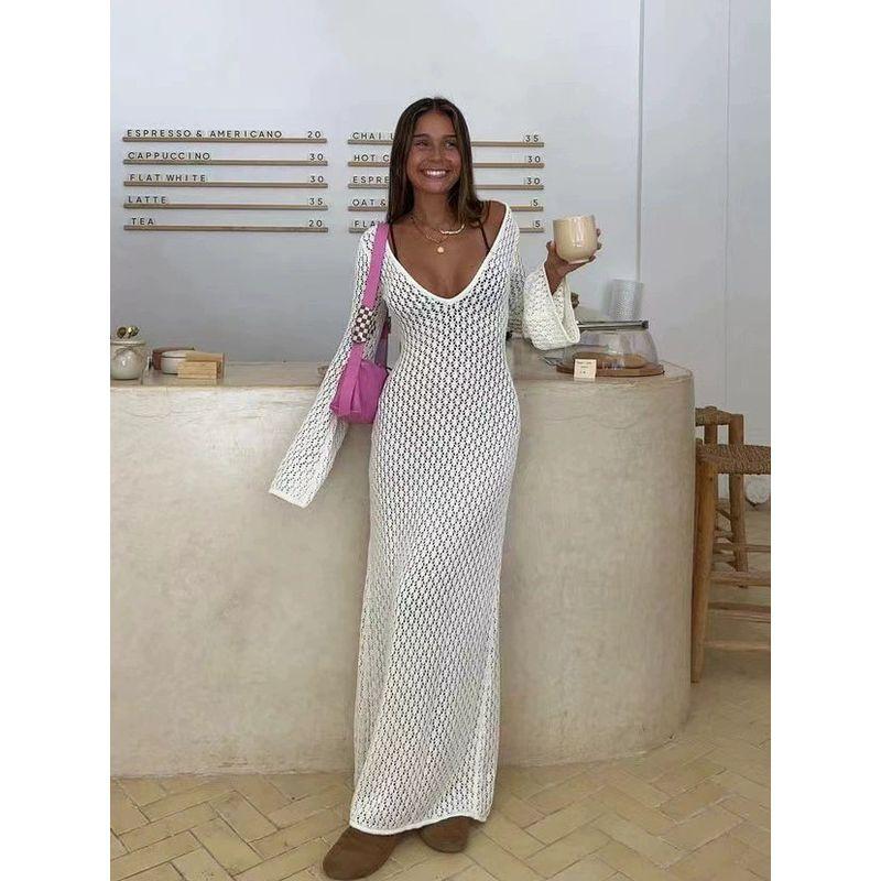 Summer New Beach Skirt Women Solid Sexy Knitted Hollow Beach Bikinis Swimsuit Outerwear Cover Up Sun-Protective Clothing