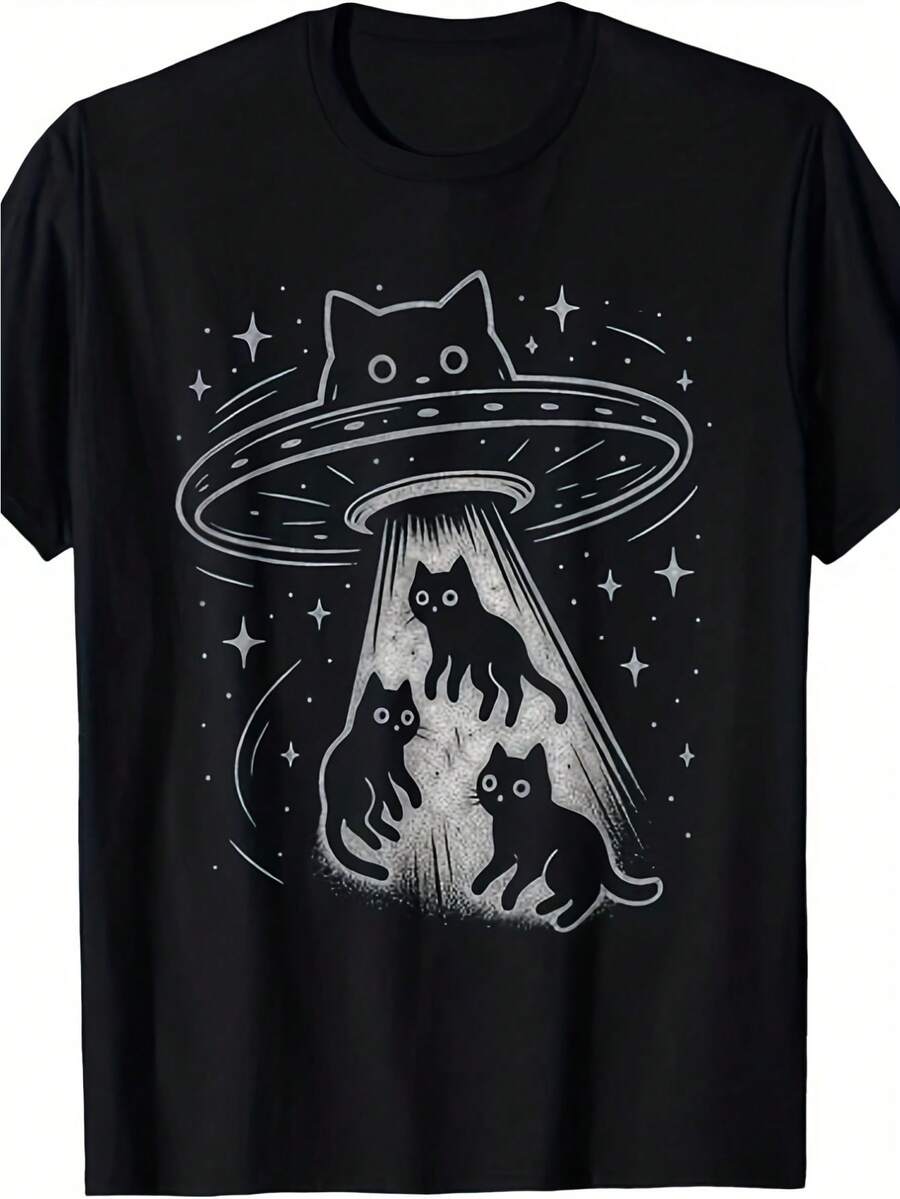 Interesting Cat UFO Cute Kitten Spaceship Alien Aesthetic T-Shirt | Men s Casual Short Sleeves S