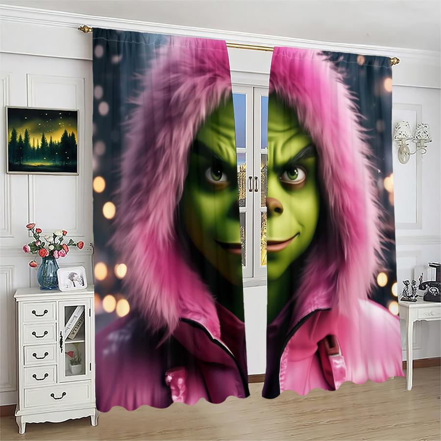 

Christmas Green Monster Print Curtains, Pole Bag Curtains, Christmas Decorations, Home Decorations, Room Decorations 14Wx39L(35x100CM)x2&Rod Pocket