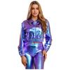 Womens Metallic Shiny Cropped Jacket Lapel Long Sleeve Front Zipper Biker Jacket