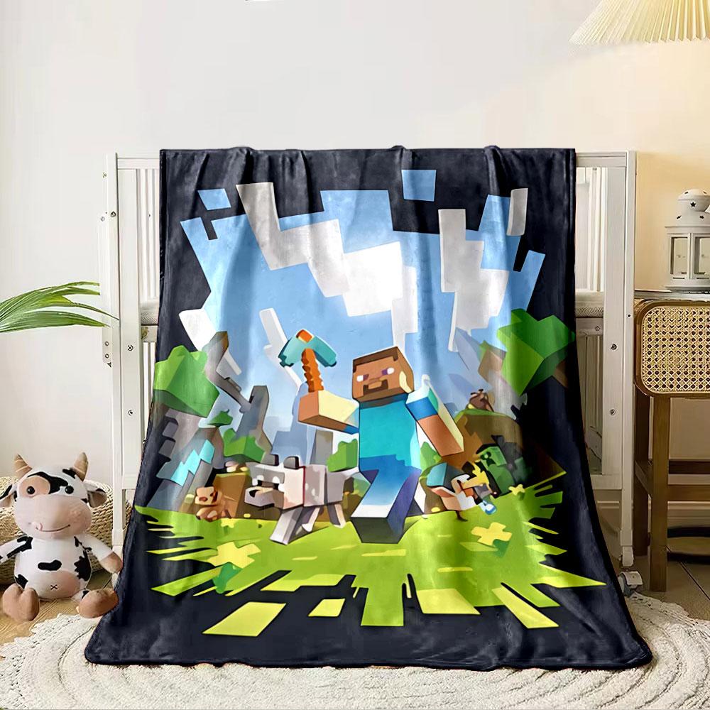A pixelated character with tools in a grassy outdoor Minecraft setting. for all seasons blanket lunch break throw gift 80cm x 120cm