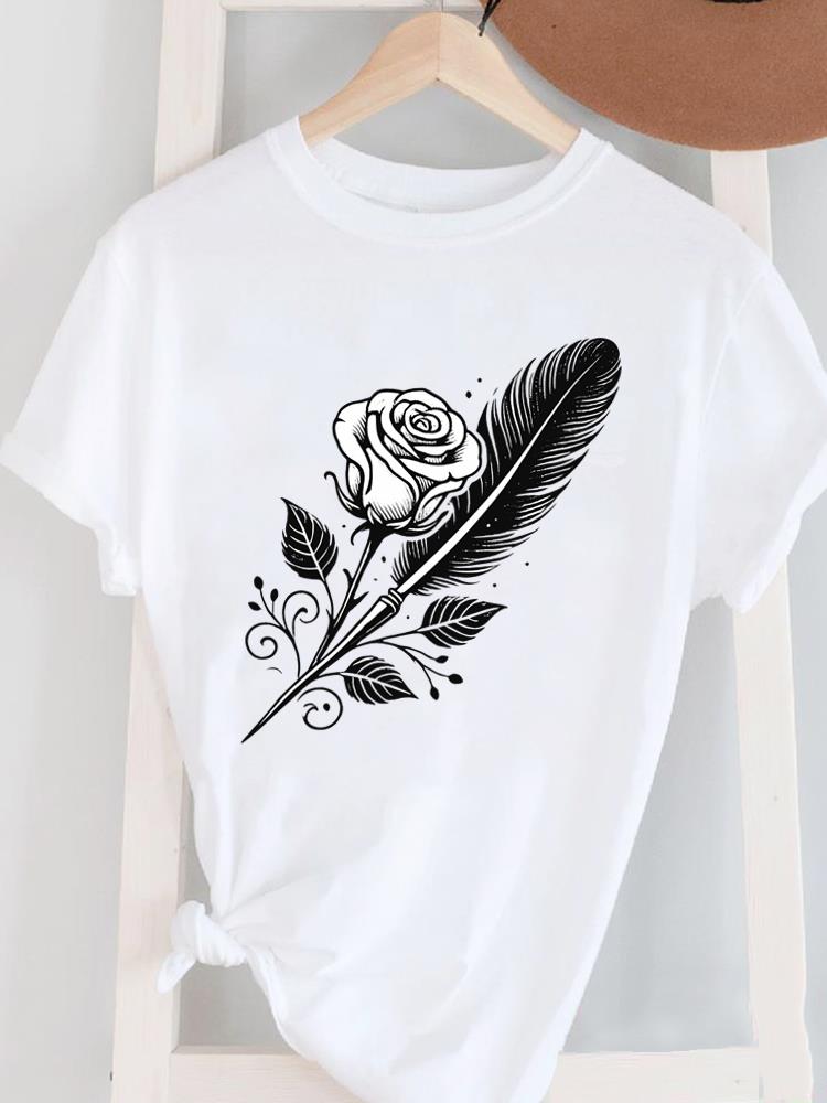 (Asian Size) Women's Top T Female Print Short Sleeve T-shirts Fashion flower letter O-neck Casual Clothing  Graphic Tee