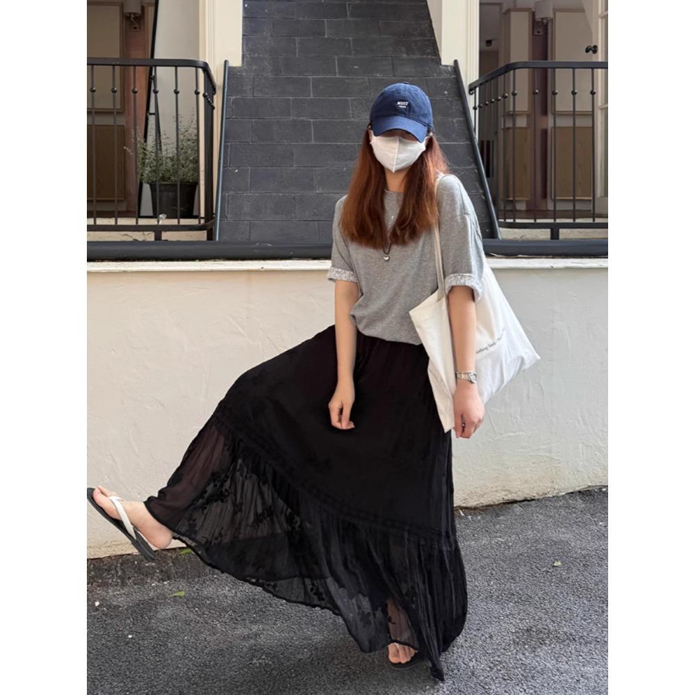 DIMANAF 2025 Summer Women New Skirts Chiffon Lace Solid Elastic Waist Pleated Mesh Elegant Skirts