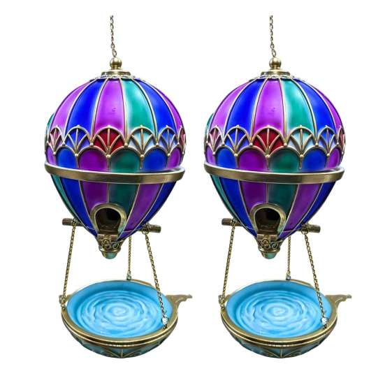 Outdoor Bird Water Station Stained Glass Hot Air Balloon Feeder Fountain, Hanging with Fountain Decorative Resin Tray, Vintage Bronze Garden Decor for