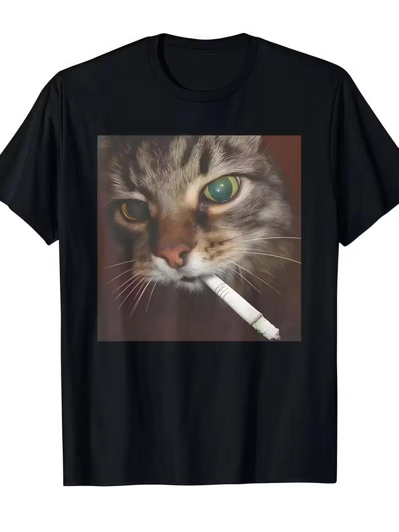 [Funny Smoking Cat] Funny Smoking Cat T-Shirt - 100% Polyester | Crew Neck Short L