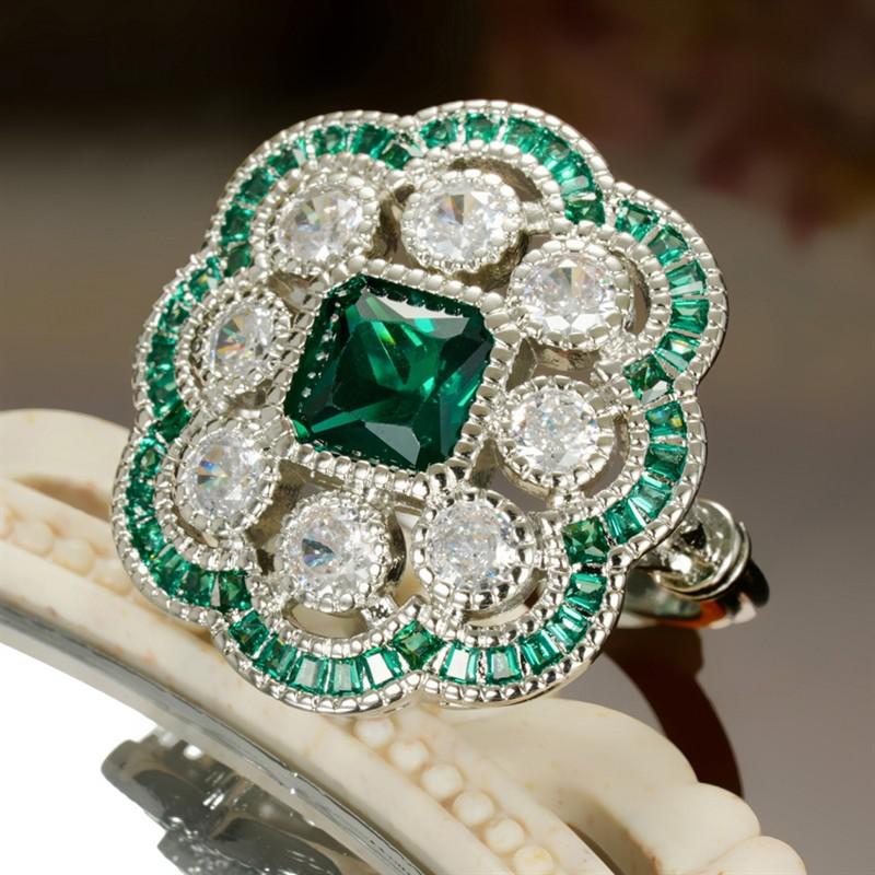 Huitan Geometric Design Women Ring Inlaid Brilliant White/Green Cubic Zirconia Luxury Wedding Party Accessories Jewelry for Lady