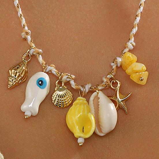 Ceramic Shell Fish Pendant Necklace for Women Irregular Gravel Braided Rope Adjustable Necklace Ocean Theme Boho Beach Jewelry