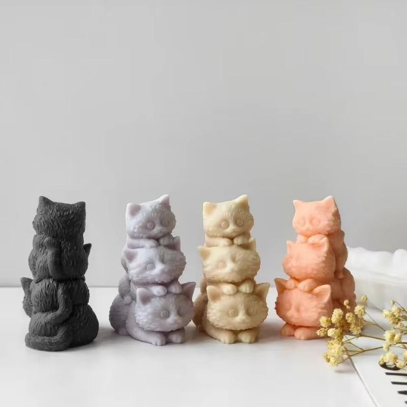 DIY Animal Three Kittens Silicone Mold Stacking Cats Cute Aroma Candle Plaster Ornaments Car Aromatherapy Candle Making Molds