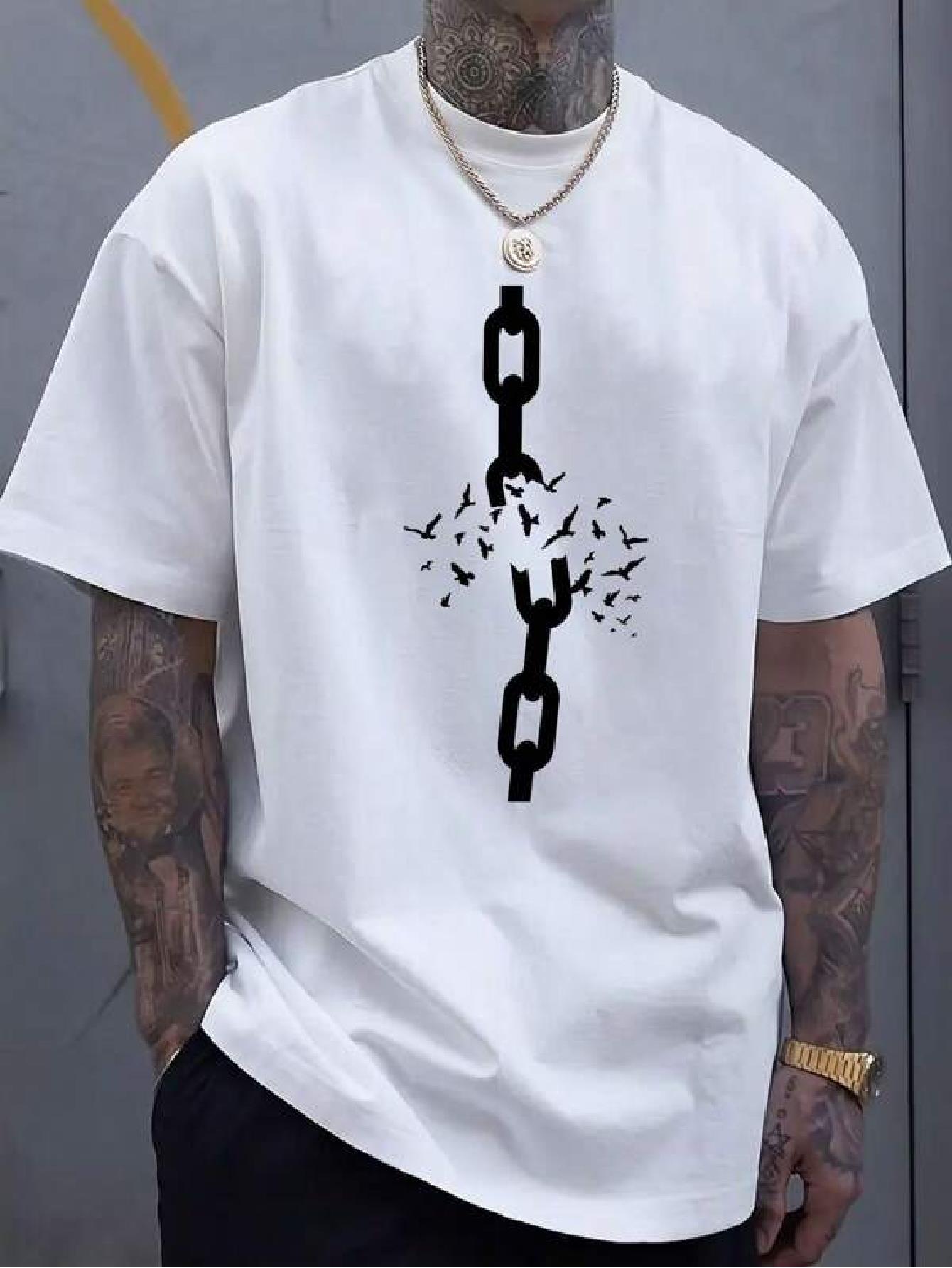 and WoCasual T-shirt with Bird Print and Chain Design - Breathable L
