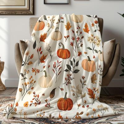 1 Pc Four Season Flannel Blanket Soft Beige Pumpkin Autumn Leaf Prints Light Sofa Bed Decor Holiday Gift Machine Washable Retro