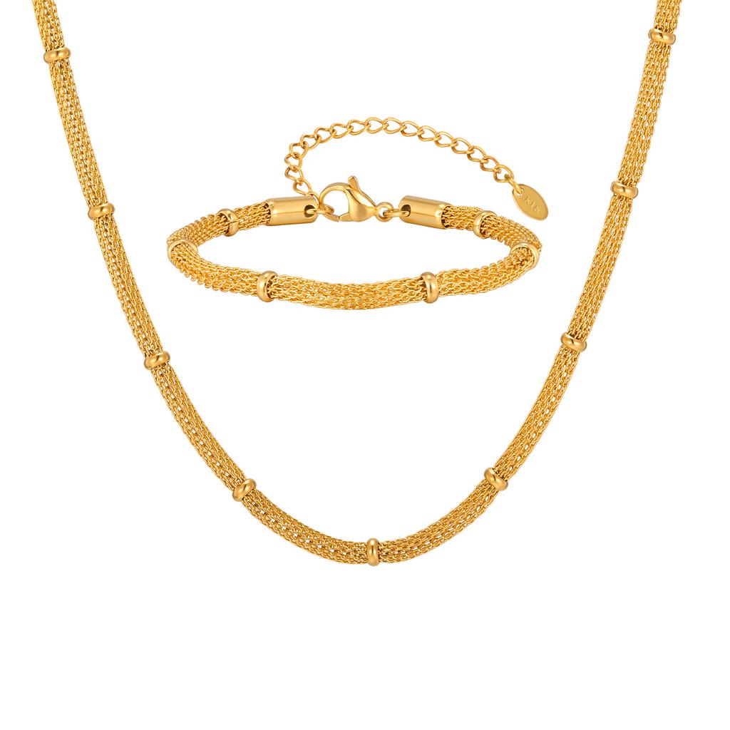 Women'S Fashion Niche Simple Mesh Bead Chain Necklace Bracelet 18K Gold Nc-2490