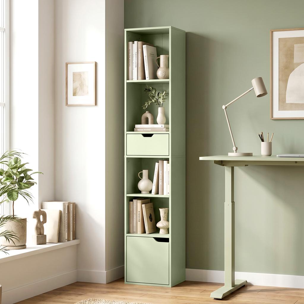 6-Tier Bookcase SlimDrawer Door 30 x 24 x 158 cm Green