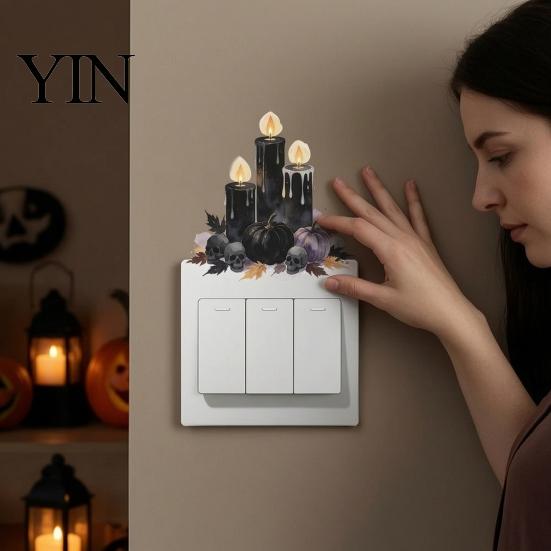 Personalized Bedroom Living Room Decor Black Candle Pumpkin Skull Light Switch Sticker, Halloween Dark Fairy Tale Cover Decals Removable Wall