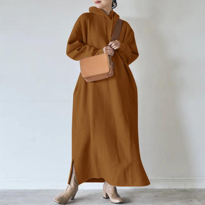 

Women Loose Hooded Long Maxi Dress Spring Autumn Female Tie Collar Long Sleeve Baggy Straight Sweatshirt Dresses XS коричневий