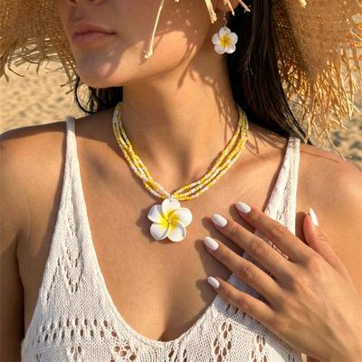 Shein Plumeria & Rispærler Hawaiisk Halskjede & Øredobber Sett