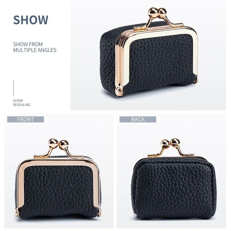 Genuine Leather Kiss Lock Coin Purse Mini Jewelry Bag Solid Color Multifunctional Small Storage For Women Ring Necklace Earrings