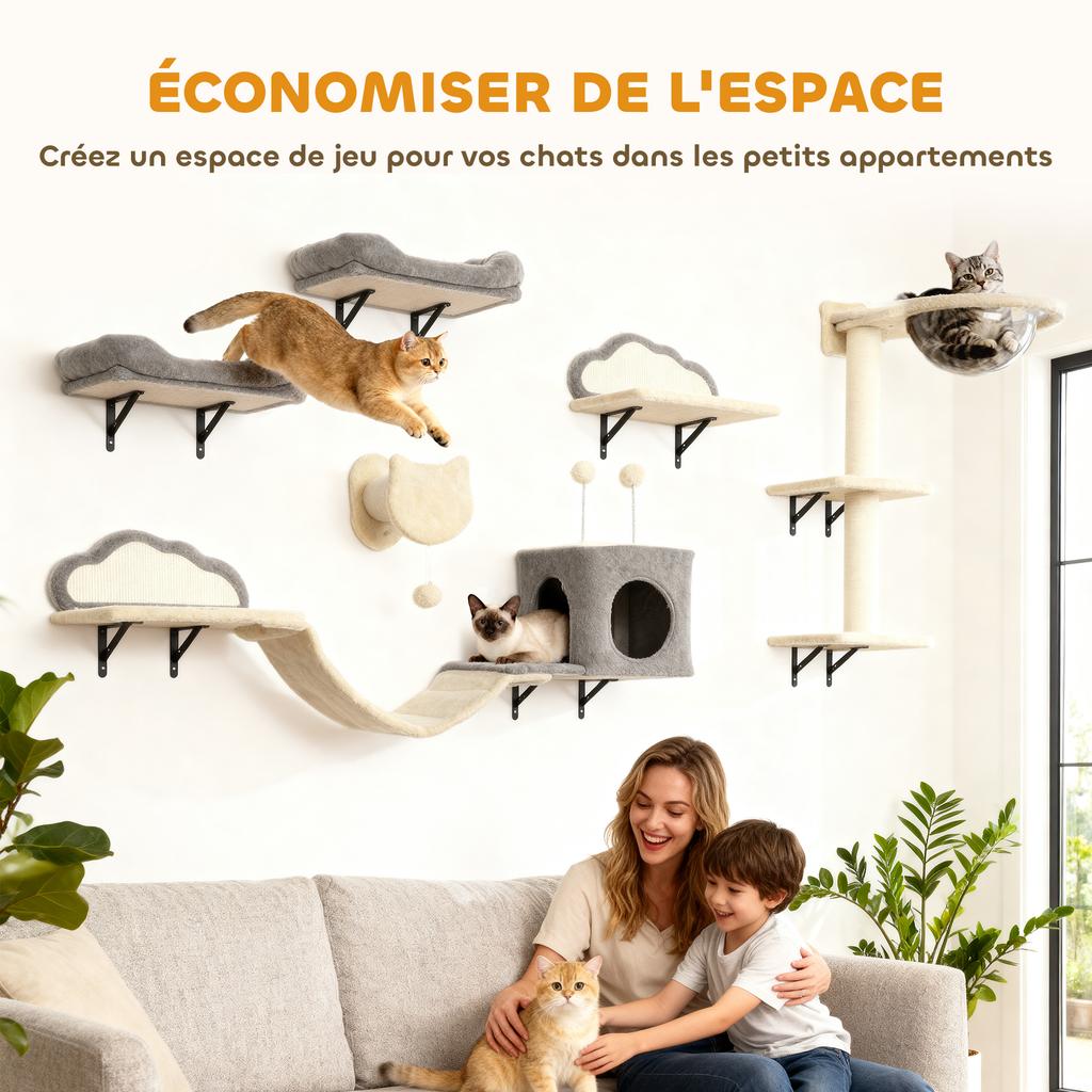 Wall shelves for cats, set of 6-piece wall furniture, acrylic bubble hammock, condo, hammock, ladder, beige
