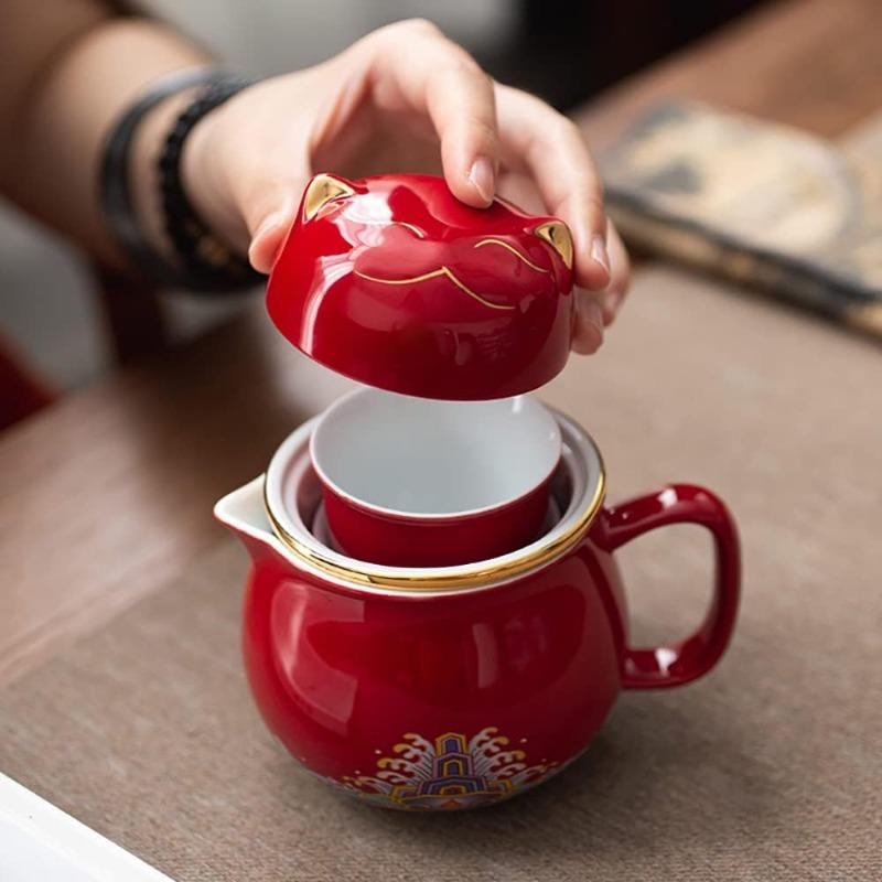 Portable Ceramic Tea Cup Set: Lucky Cat Porcelain Teapot Set with Handle - Tea Strainer - Lids and 2 Teacups - 1 Shockproof