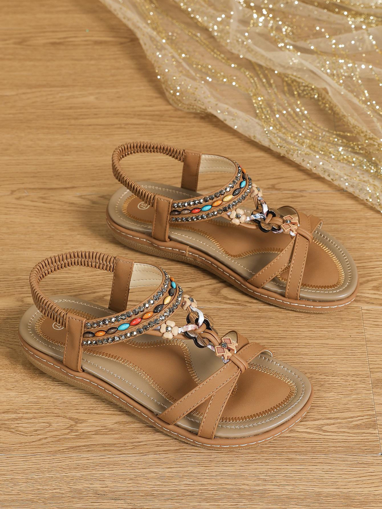 

Новая женская обувь Богемные сандалии на плоской подошве с перекрестными ремешками, расшитые вручную, модная пляжная обувь для женщин 39