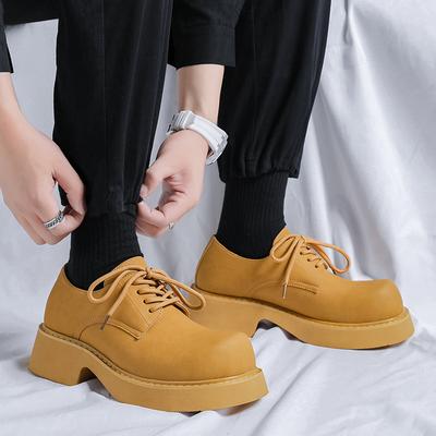 Heightening Paris Big Head Leather Shoes Men's Couple Derby Retro High Street Handsome Thick-soled Yellow Ins Leather Shoes 9522-R