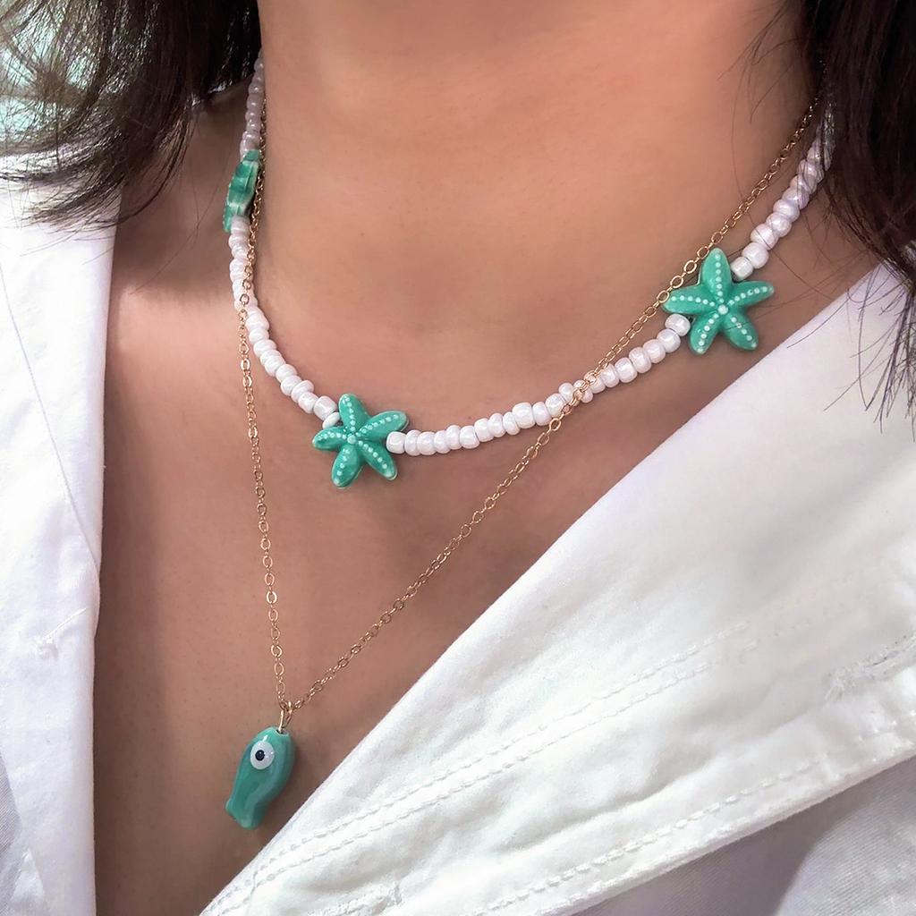 European, American Bohemian vacation style ceramic small fish collarbone chain stacked multi-layer beaded starfish necklace