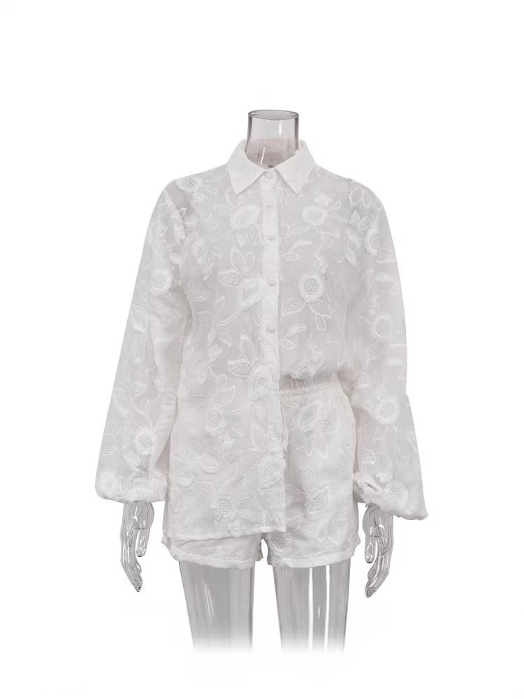 European & American Sexy Cotton Embroidered Set: Spring/Autumn See-Through Shirt & High-Waisted Shorts 2025