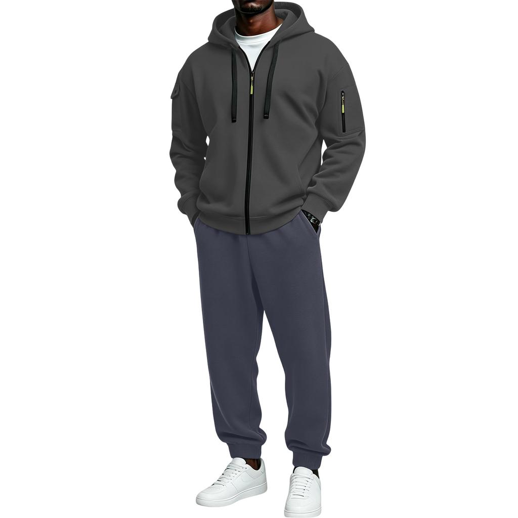 Men's Full Zip Hoodie Sweatshirt and Black Pants Sport Casual Two Piece Outfit Set