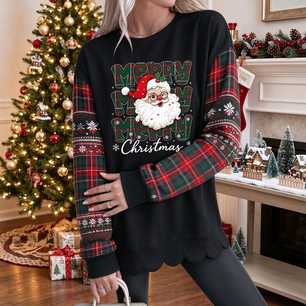 Women's Loose Drop Shoulder Long Sleeve Christmas Print Sweatshirt with Scalloped Wavy Hem Crewneck Pullover