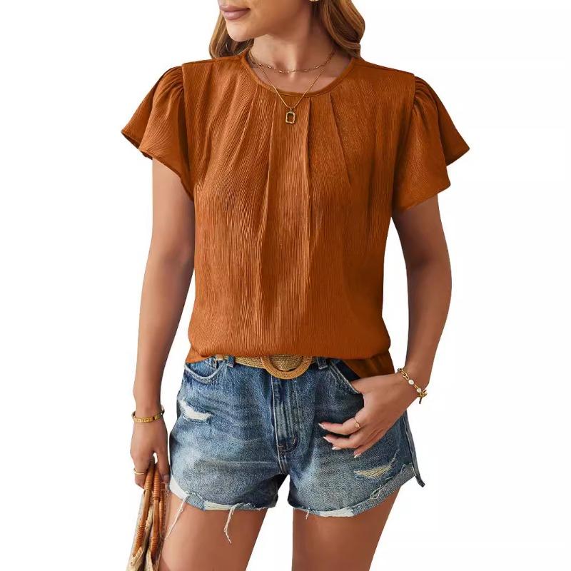 Summer New Round Neck Fashion Casual Women Blouse Short Sleeve Office Simple Office Tops Ladies Fashion Elegant Solid Color Loose Petal Sleeves Shirt