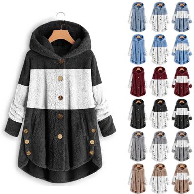 Women's Fashion Stitching Loose Hoodies Long Sleeve Plush Button Coat