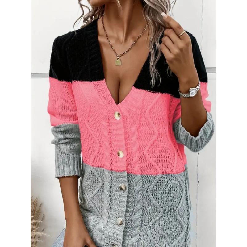 Women European American Lazy Style Striped V Neck Long Sleeve Knit Cardigan Sweater